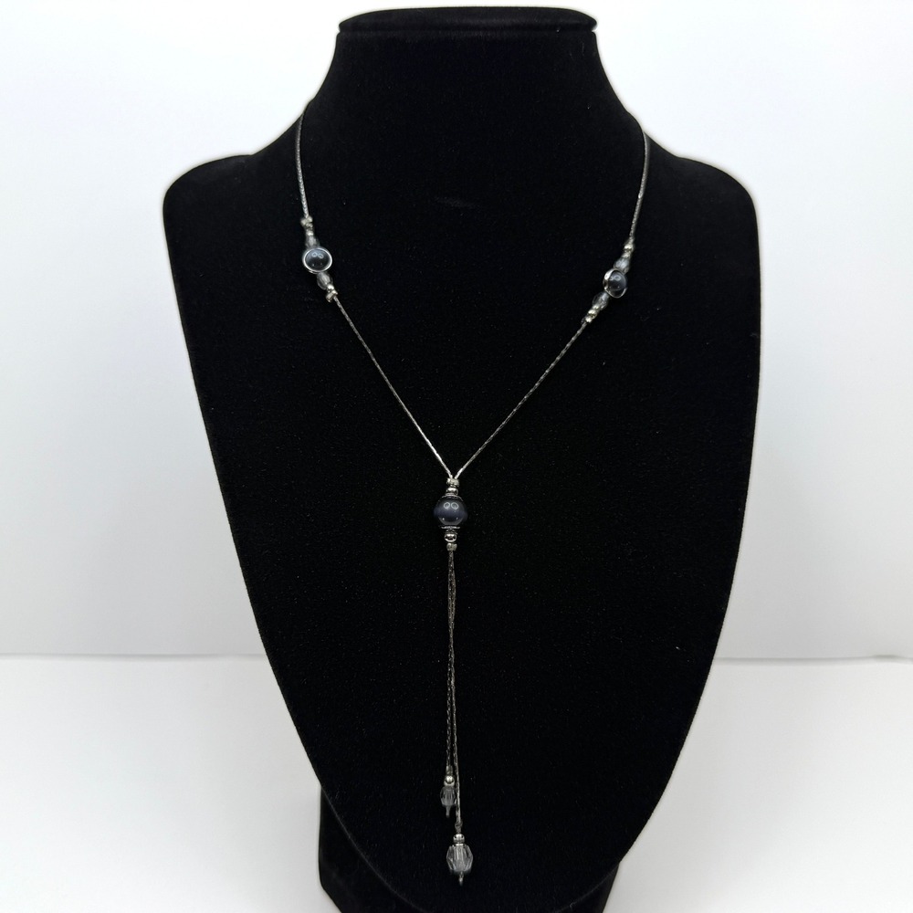 Blue Tiger Eye Glass Beads Y Drop Necklace Silver Tone Chain Jewelry 11 in L